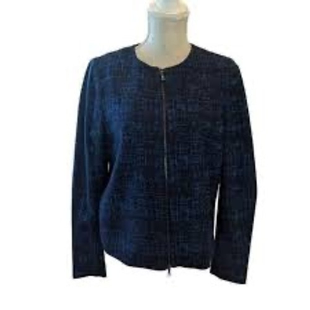 Anne Klein Womens Navy Blue Textured Zip Front Jacket Size 12